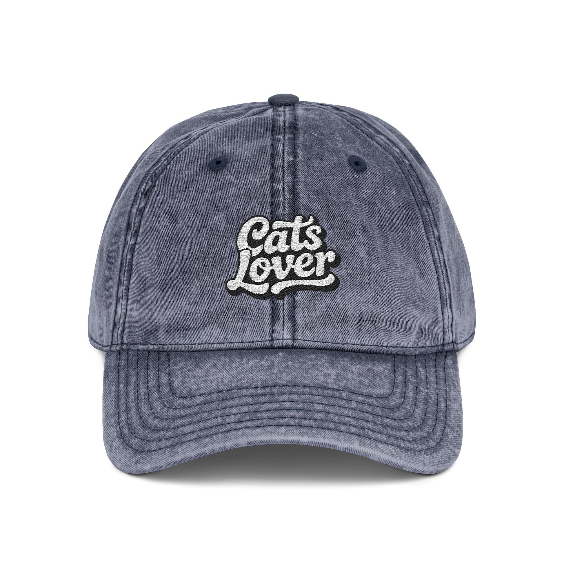 Cats Lover Vintage Embroidered Cap Dad Hat Grey Words, vintage style cap with embroidered "Cats Lover" in script.