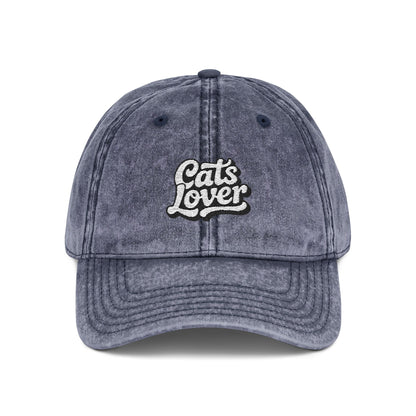 Cats Lover Vintage Embroidered Cap Dad Hat Grey Words, vintage style cap with embroidered "Cats Lover" in script.