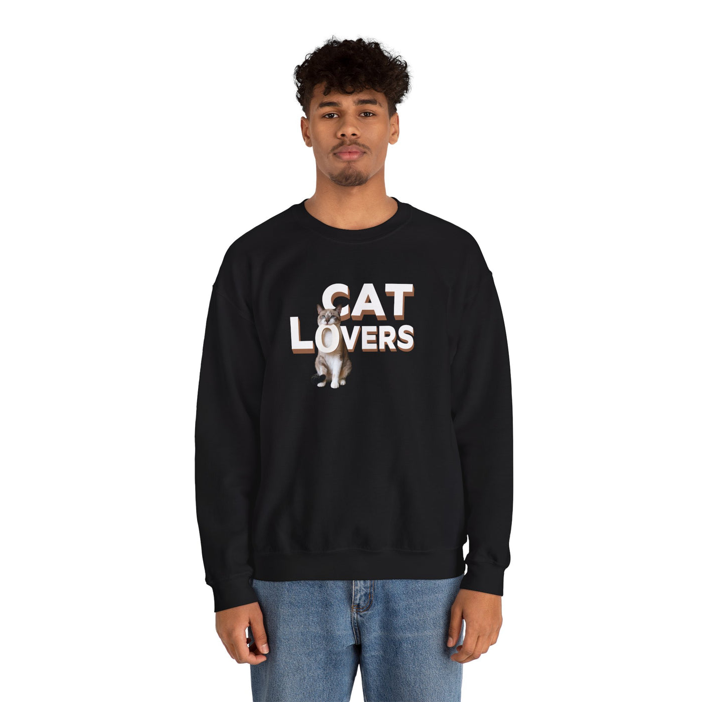 cat lovers cute kitten sweatshirt worn by a model, featuring a playful cat graphic in a cozy design.