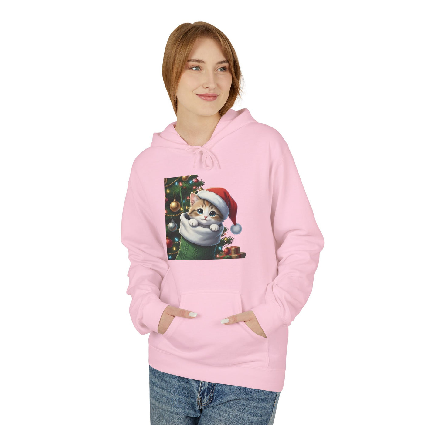 Adorable kitten hiding in Christmas stocking style 2 Cozy Graphic Unisex Midweight Softstyle Fleece Hoodie