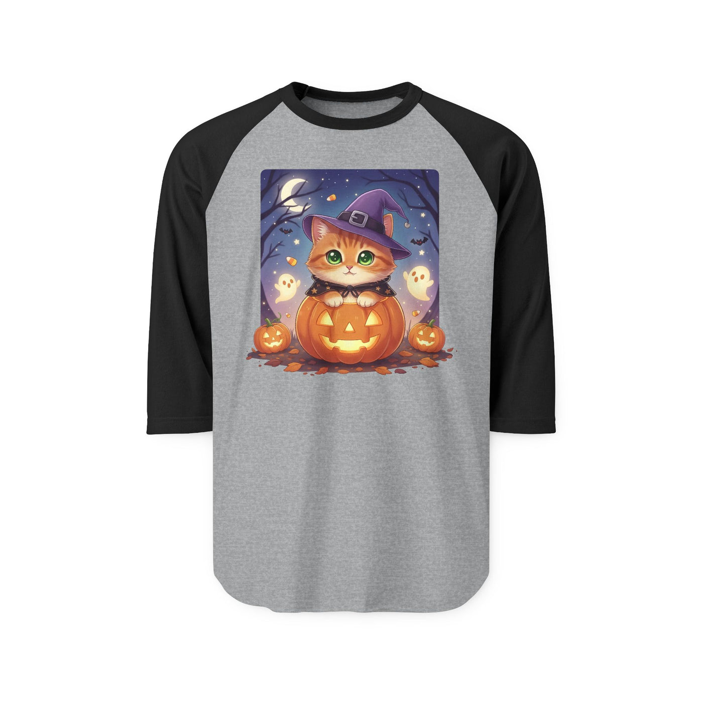 Halloween cute kitten anime style 7 Raglan Shirt, Unisex Halloween Top, Pumpkin Cat Shirt, Cute Cat Tee, Spooky Casual Wear