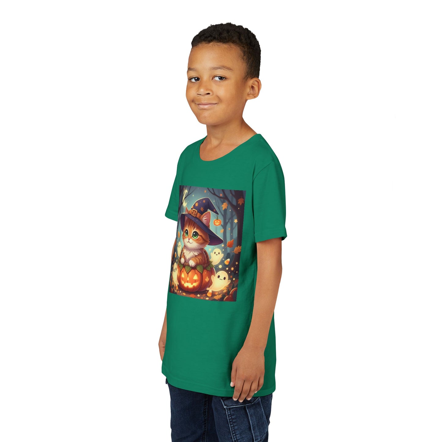 Halloween cute kitten anime style 3 Unisex Youth Tee | T-Shirt, Cute Pumpkin Shirt, Kids Halloween Outfit, Cat Lover Gift, Fun Fall Apparel