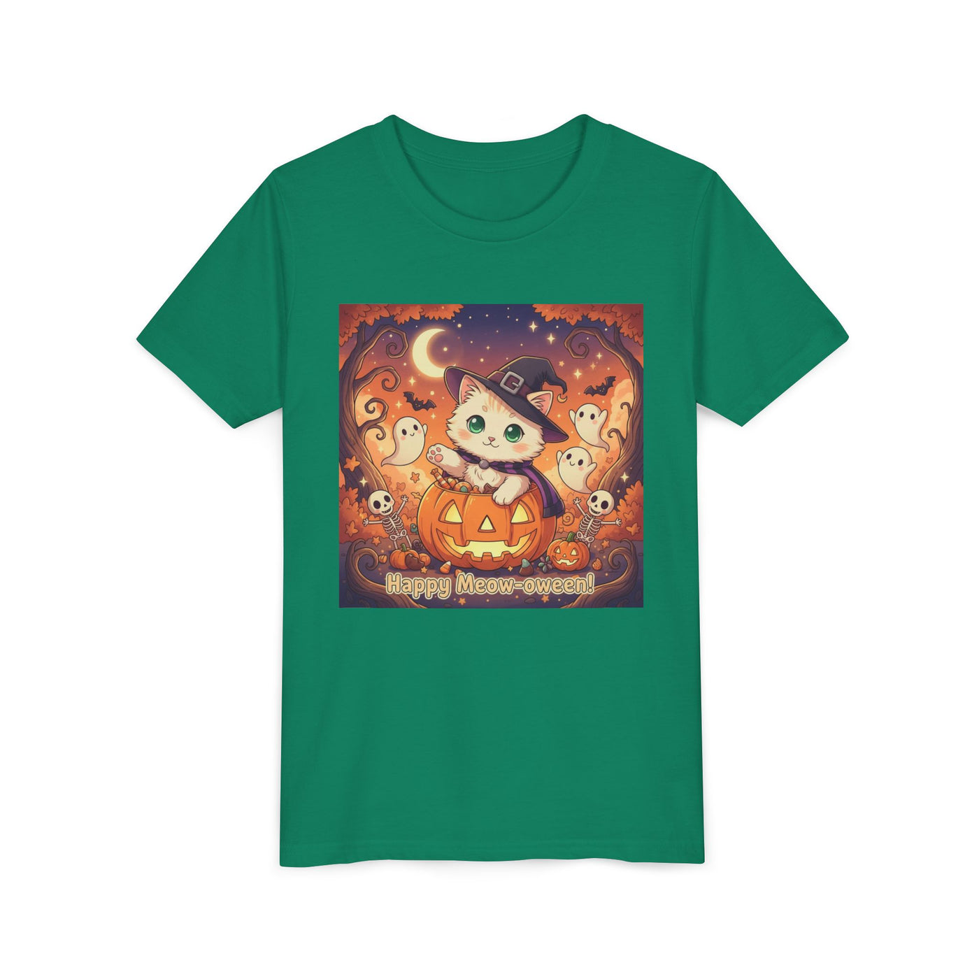 Halloween cute kitten anime style 6 Unisex Youth Tee | T-Shirt, Cute Pumpkin Shirt, Kids Halloween Outfit, Cat Lover Gift, Fun Fall Apparel