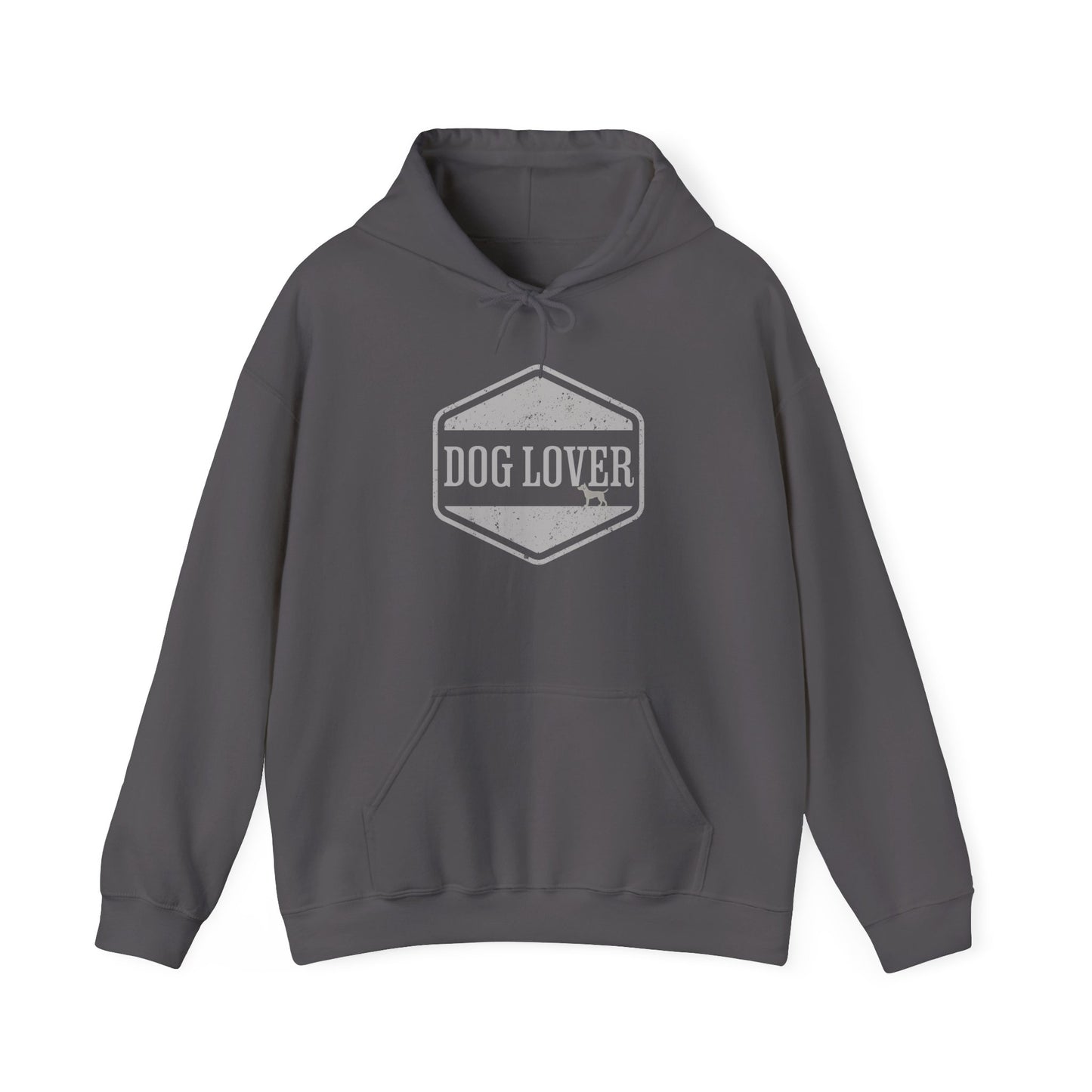 Dog Lover plus Slogan on Back Unisex Pullover Hoodie in gray featuring vintage badge on front.