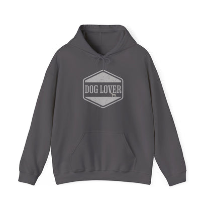 Dog Lover plus Slogan on Back Unisex Pullover Hoodie in gray featuring vintage badge on front.