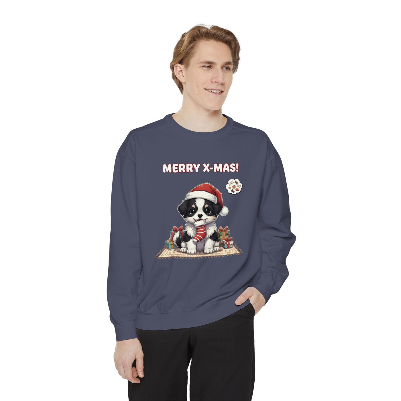 Cute Puppy waiting for Christmas presents style 7 Cozy Graphic Unisex Crewneck Sweatshirt