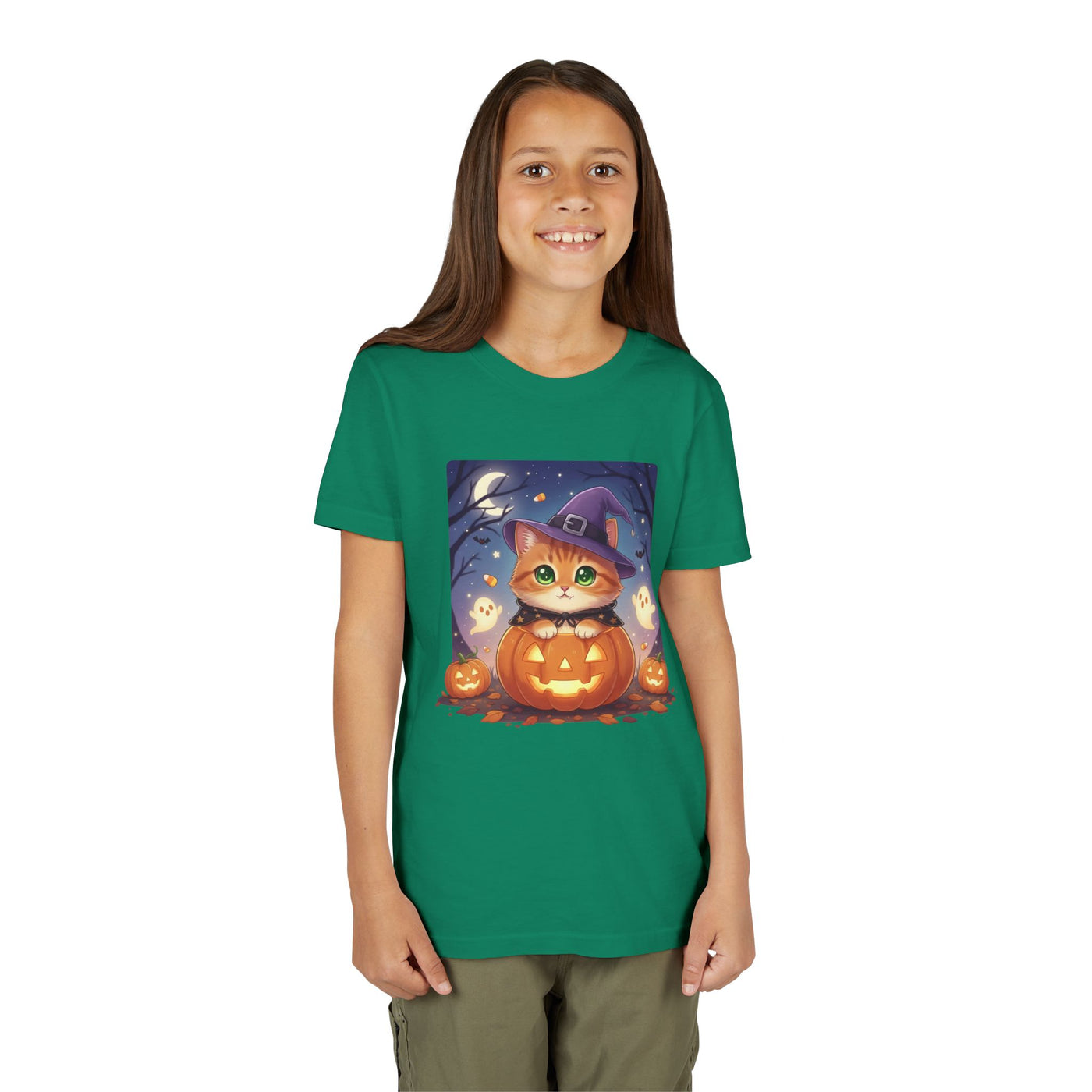 Halloween cute kitten anime style 7 Unisex Youth Tee | T-Shirt, Cute Pumpkin Shirt, Kids Halloween Outfit, Cat Lover Gift, Fun Fall Apparel