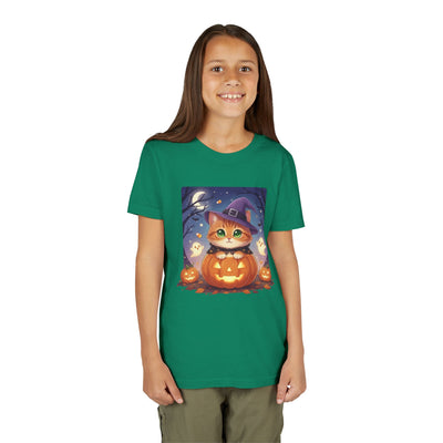 Halloween cute kitten anime style 7 Unisex Youth Tee | T-Shirt, Cute Pumpkin Shirt, Kids Halloween Outfit, Cat Lover Gift, Fun Fall Apparel