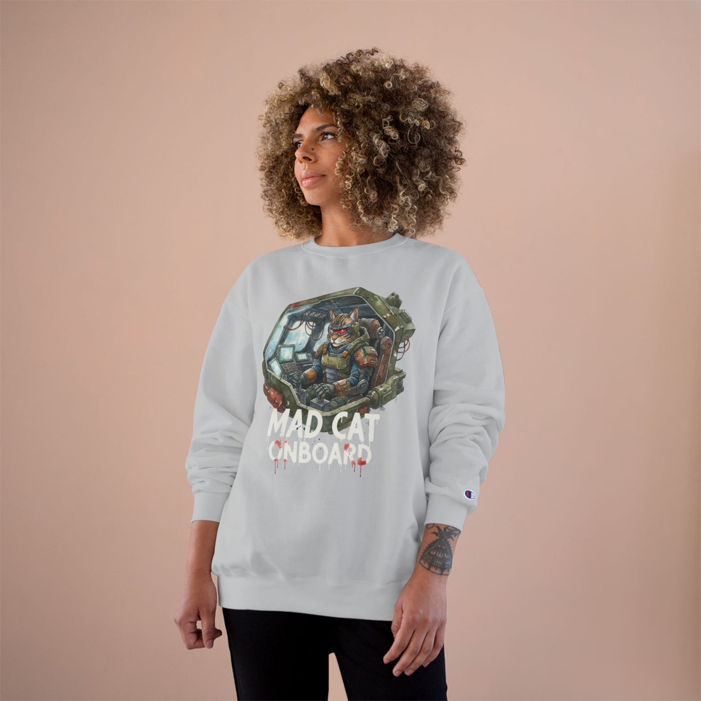 Mad Cat Onboard Graphic style 1 Champion Crewneck Sweatshirt for Gamers & Sci‑Fi Fans