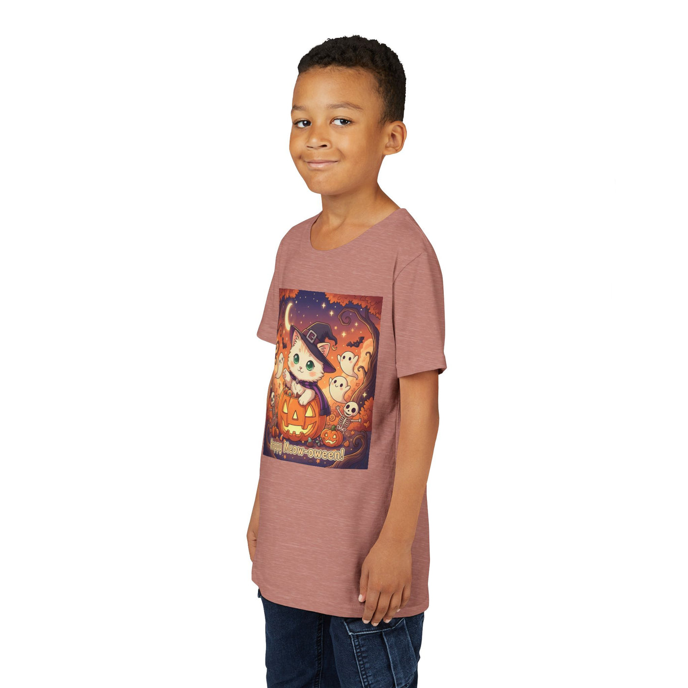 Halloween cute kitten anime style 6 Unisex Youth Tee | T-Shirt, Cute Pumpkin Shirt, Kids Halloween Outfit, Cat Lover Gift, Fun Fall Apparel