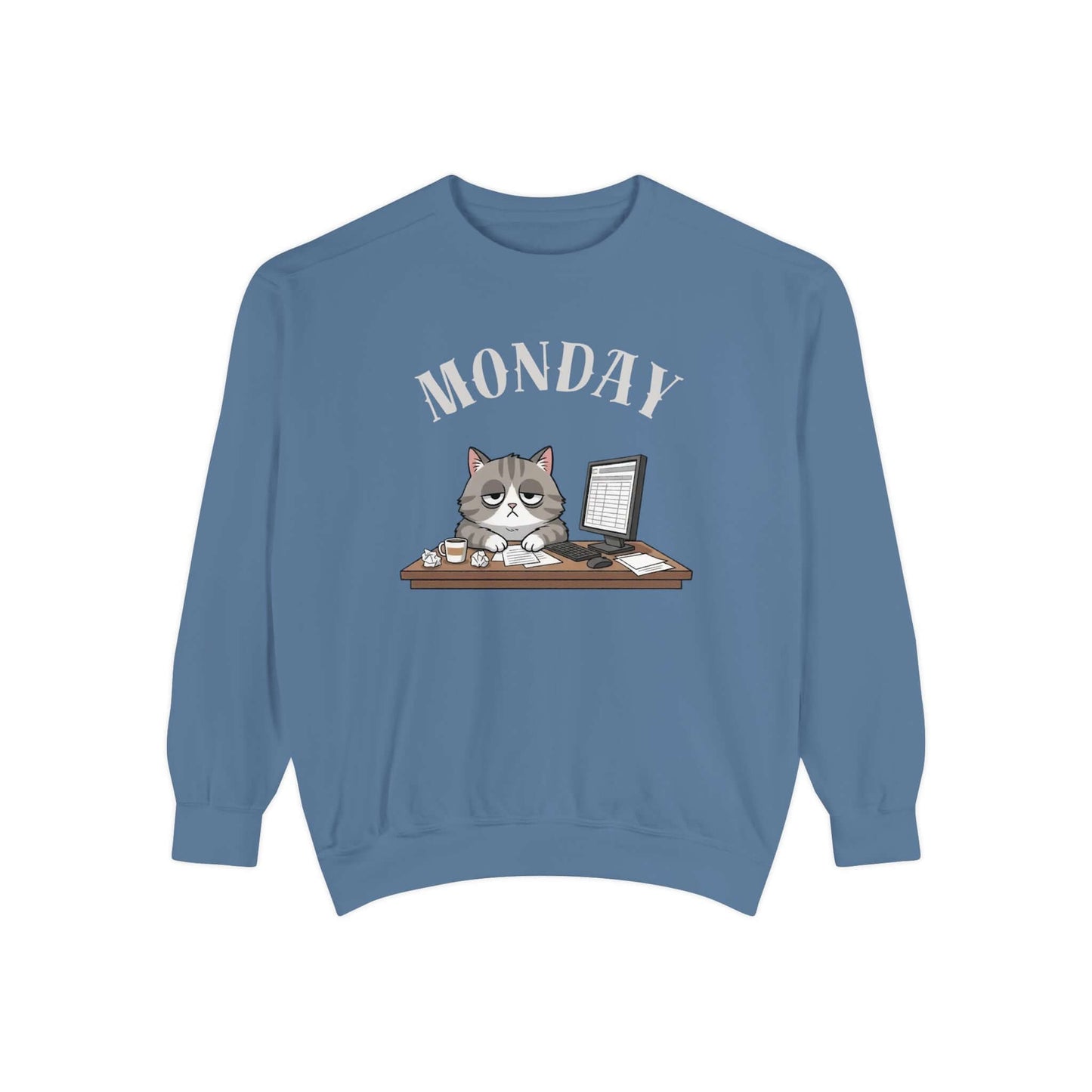 Monday Face Cat Stares Blankly Unisex Crewneck Sweatshirt featuring a cat at a desk with a "MONDAY" banner.