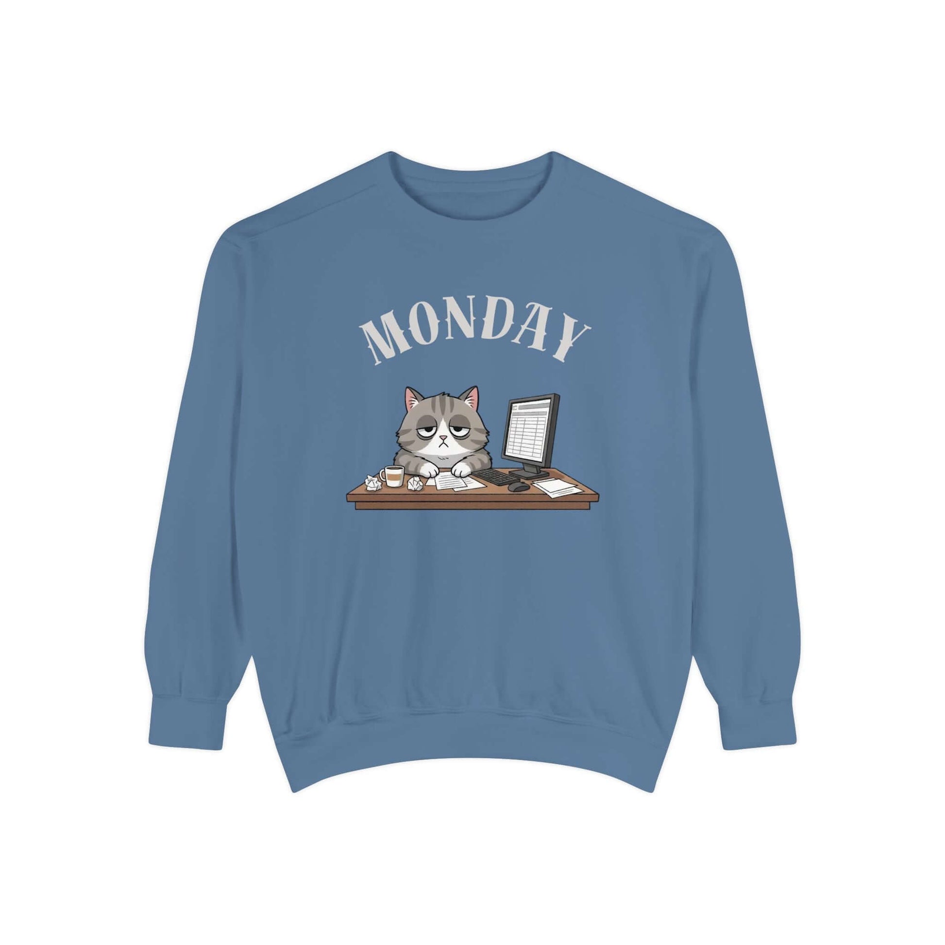 Monday Face Cat Stares Blankly Unisex Crewneck Sweatshirt featuring a cat at a desk with a "MONDAY" banner.
