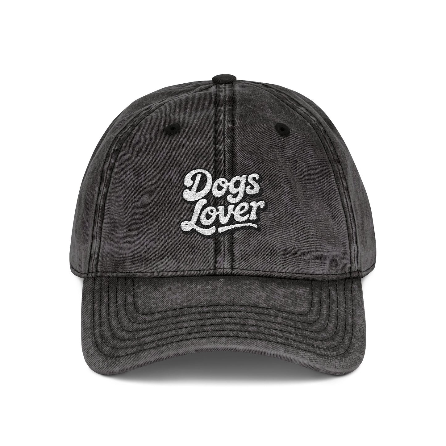Dogs Lover Vintage Embroidered Cap Dad Hat Grey Words featuring raised embroidery on a worn-in grey cap.