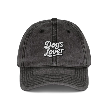 Dogs Lover Vintage Embroidered Cap Dad Hat Grey Words featuring raised embroidery on a worn-in grey cap.