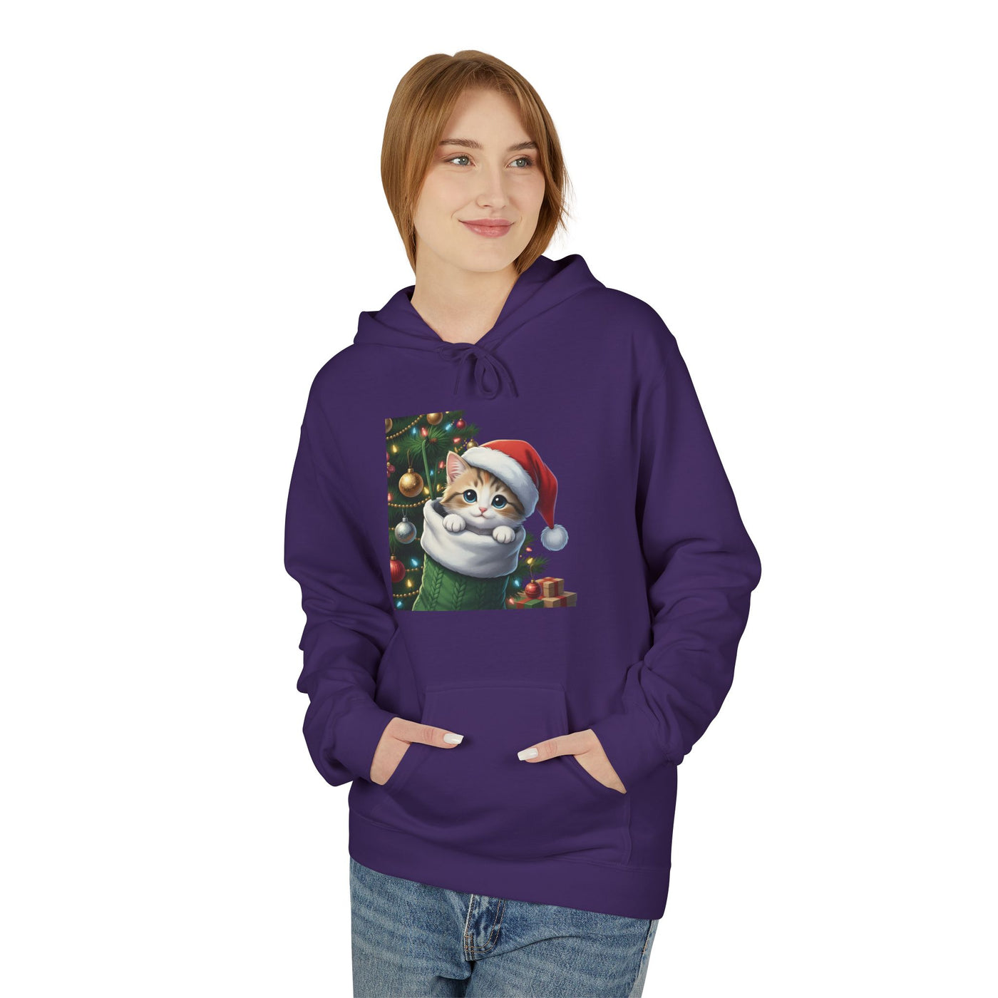 Adorable kitten hiding in Christmas stocking style 2 Cozy Graphic Unisex Midweight Softstyle Fleece Hoodie