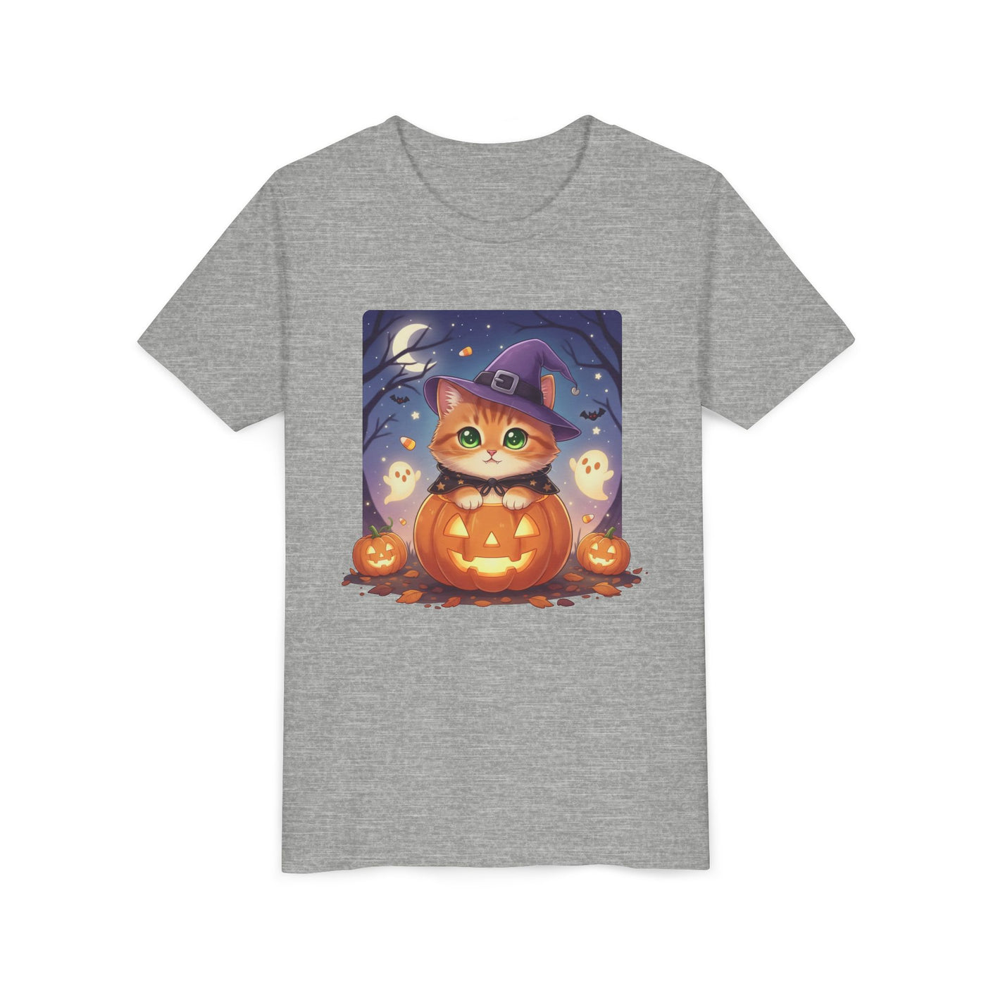 Halloween cute kitten anime style 7 Unisex Youth Tee | T-Shirt, Cute Pumpkin Shirt, Kids Halloween Outfit, Cat Lover Gift, Fun Fall Apparel