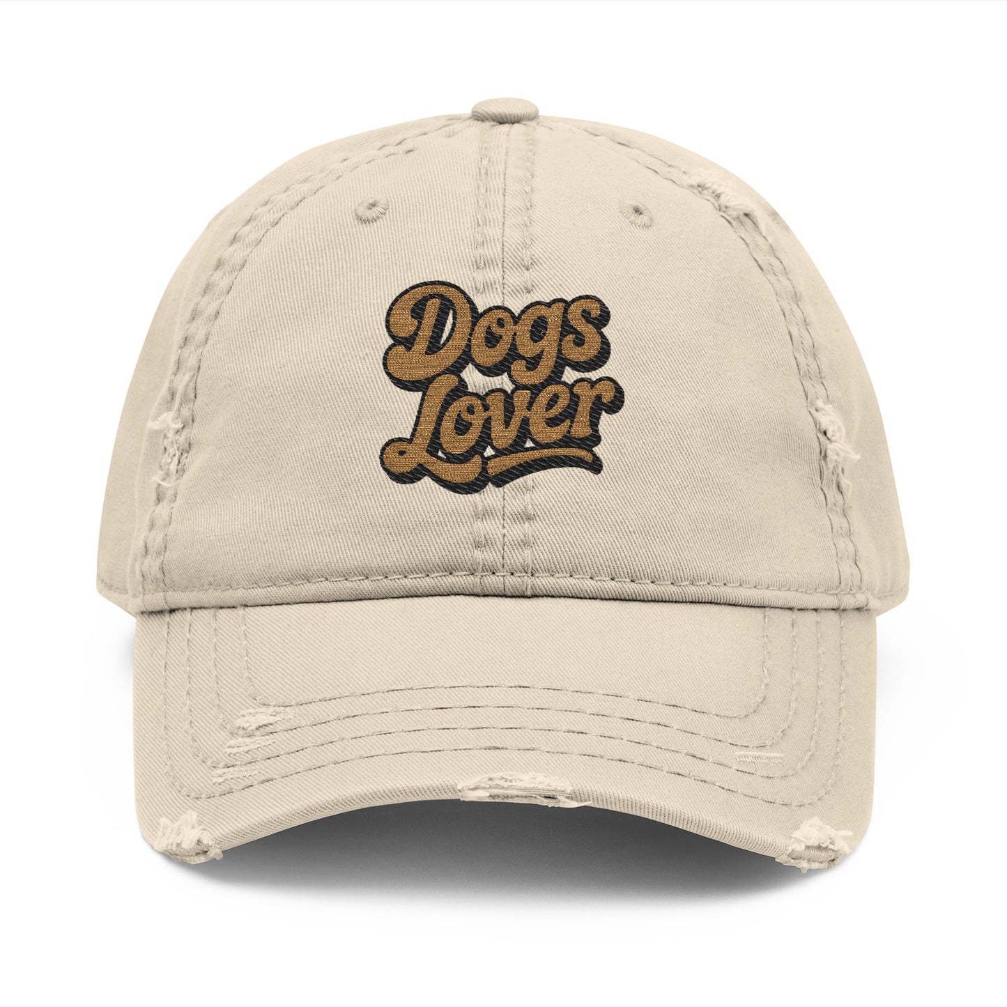 Dogs Lover Distressed Embroidered Cap Dad Hat Brown Words in beige with faded look and embroidered lettering.