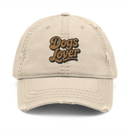 Dogs Lover Distressed Embroidered Cap Dad Hat Brown Words in beige with faded look and embroidered lettering.