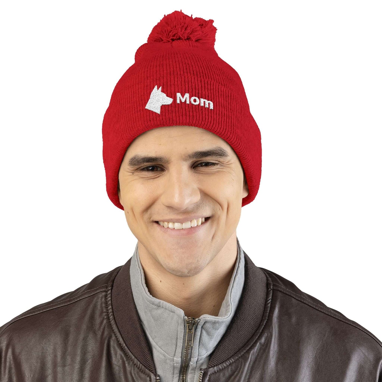 Embroidered Dog Mom Pom-Pom Knit Cap