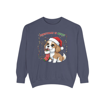 Cute Puppy waiting for Christmas presents style 5 Cozy Graphic Unisex Crewneck Sweatshirt