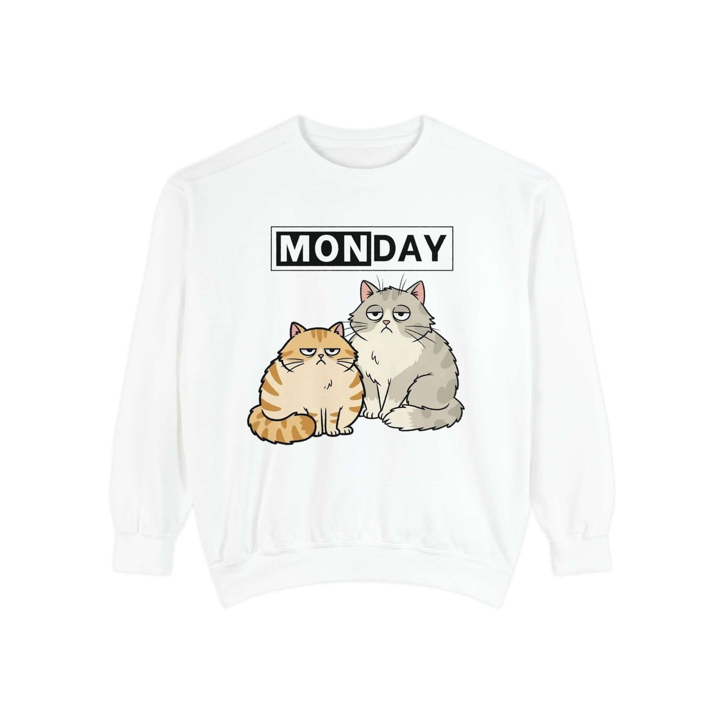 Monday Face Cat Stares Blankly Unisex Crewneck Sweatshirt featuring two cats and a MONDAY banner.