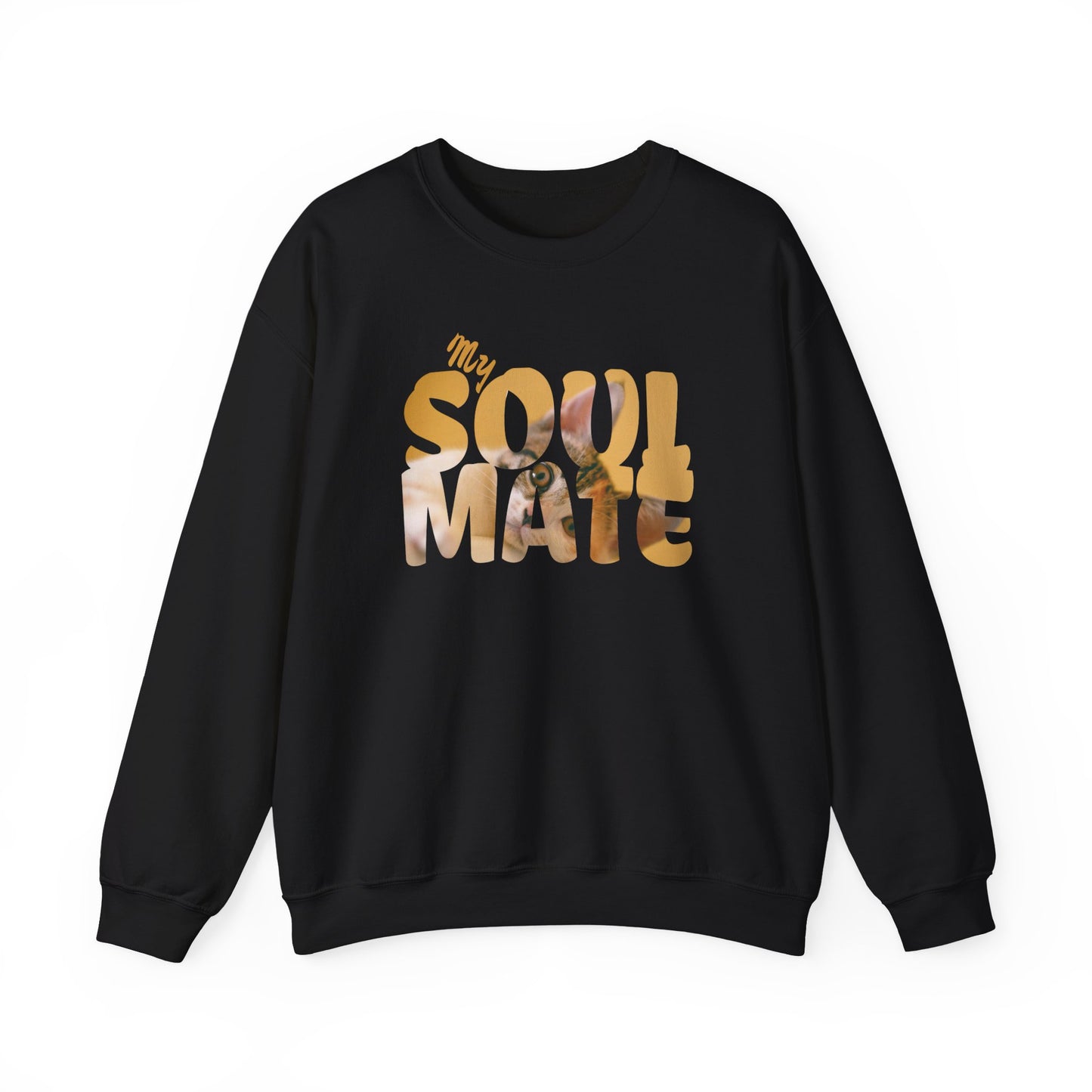 Cat My Soulmate Unisex Crewneck Sweatshirt with 'My SOULMATE' text and floral design.
