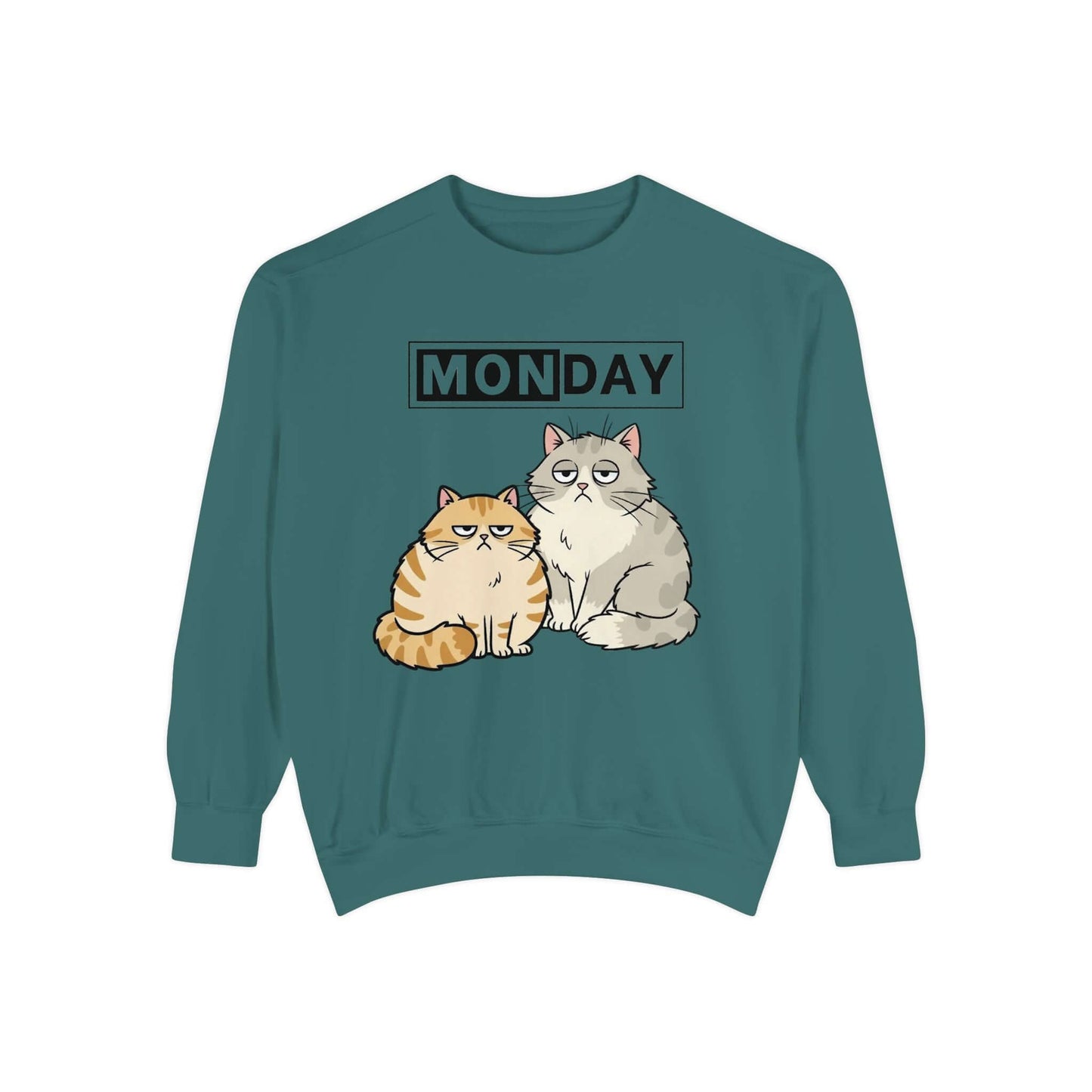 Monday Face Cat Stares Blankly Unisex Crewneck Sweatshirt with two cats and 'MONDAY' text, perfect for casual wear.