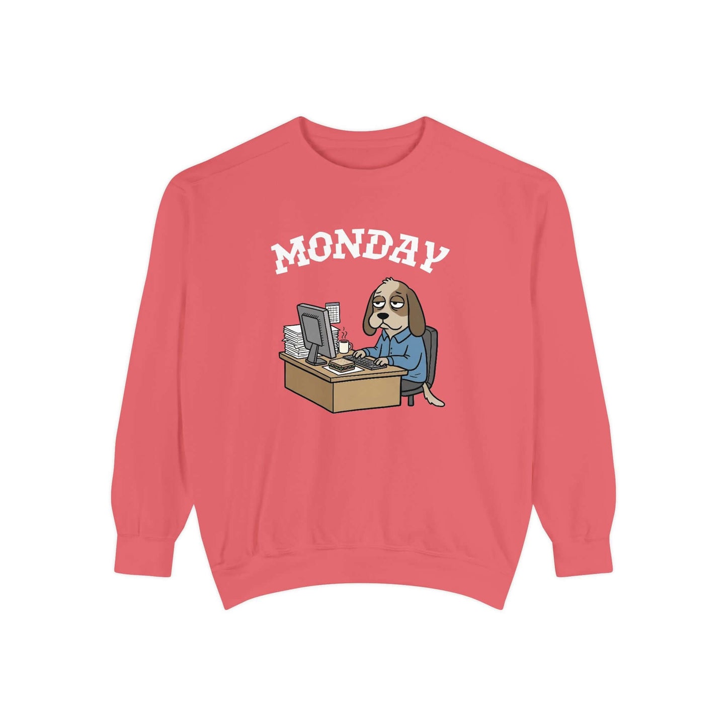 Monday Face Dog Stares Blankly Unisex Crewneck Sweatshirt featuring a dog at a desk under "MONDAY" banner.