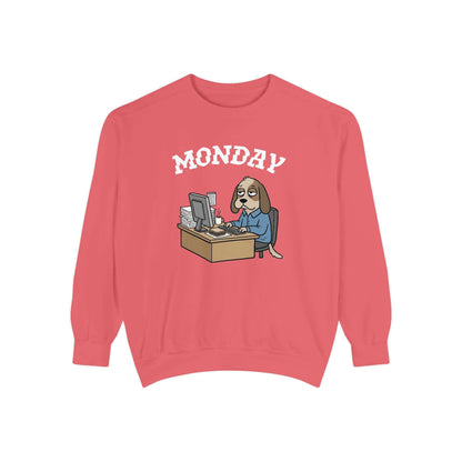 Monday Face Dog Stares Blankly Unisex Crewneck Sweatshirt featuring a dog at a desk under "MONDAY" banner.