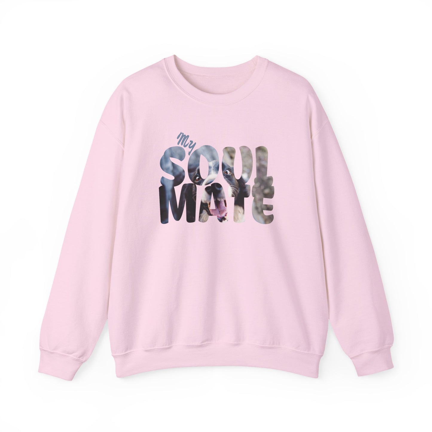 Dog My Soulmate Unisex Crewneck Sweatshirt in pink with faded floral text design.