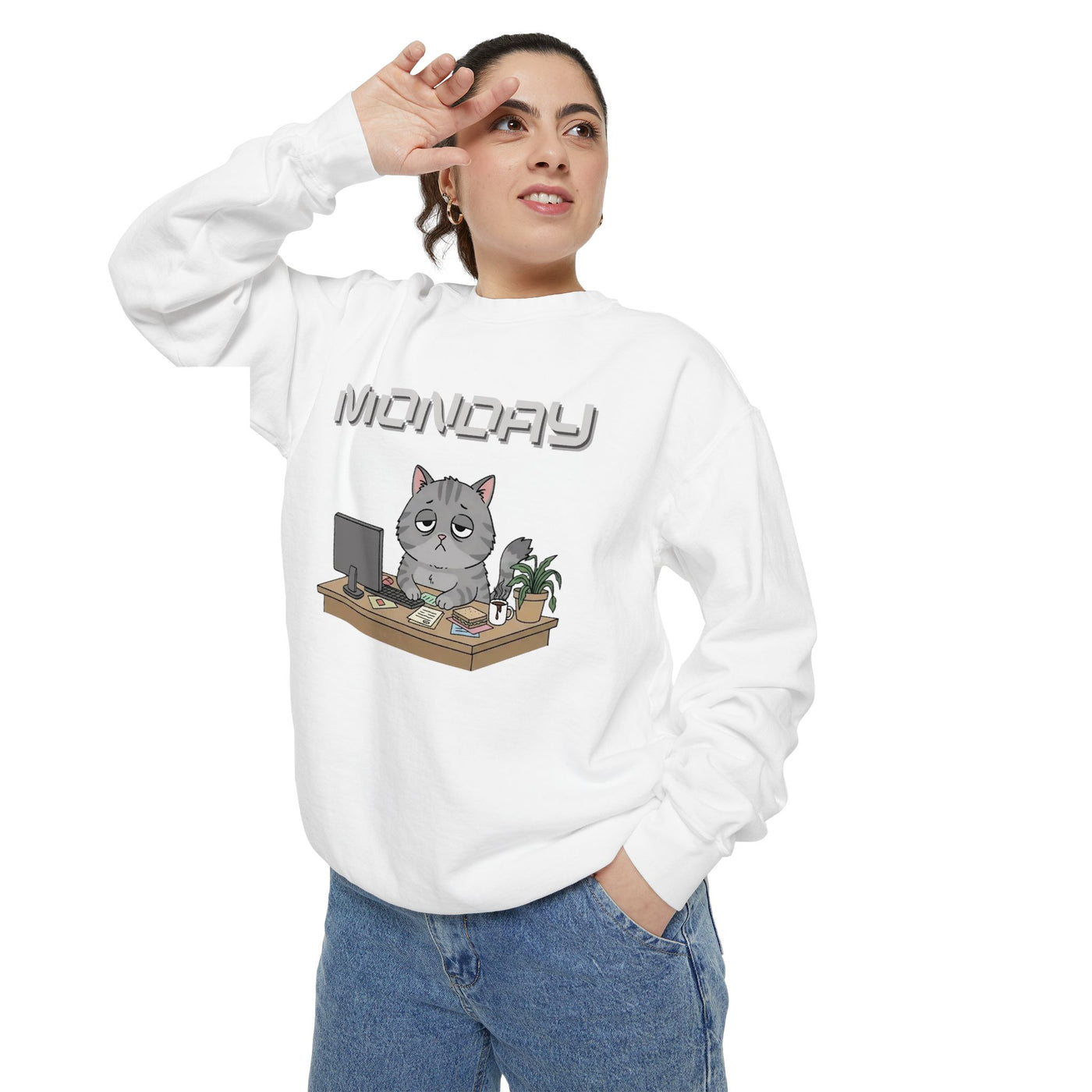 Monday Face Cat Stares Blankly Unisex Crewneck Sweatshirt style 2