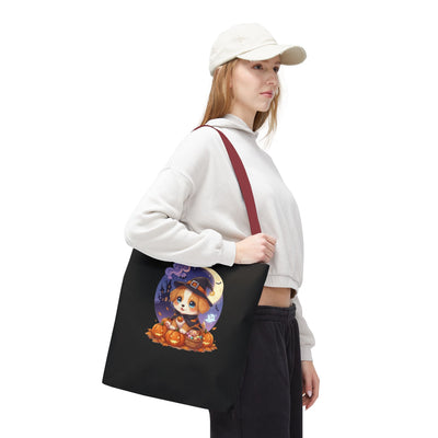 Adorable Halloween Puppy anime style Tote Bag, Pumpkin Lover Gift, Cute Dog Design, Witch Theme, Eco-Friendly Shopping Bag