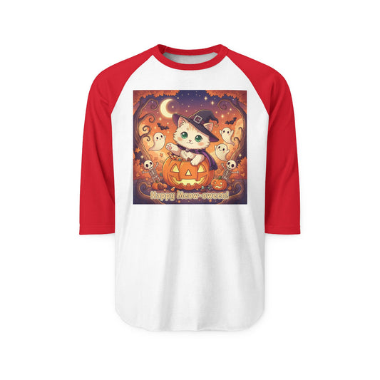 Halloween cute kitten anime style 6 Raglan Shirt, Unisex Halloween Top, Pumpkin Cat Shirt, Cute Cat Tee, Spooky Casual Wear