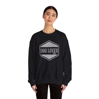 Dog Lover Vintage Badge Unisex Crewneck Sweatshirt worn by a model, featuring a vintage badge design in black color.