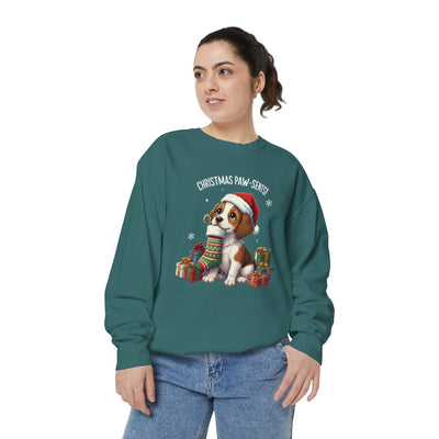 Cute Puppy waiting for Christmas presents style 3 Cozy Graphic Unisex Crewneck Sweatshirt