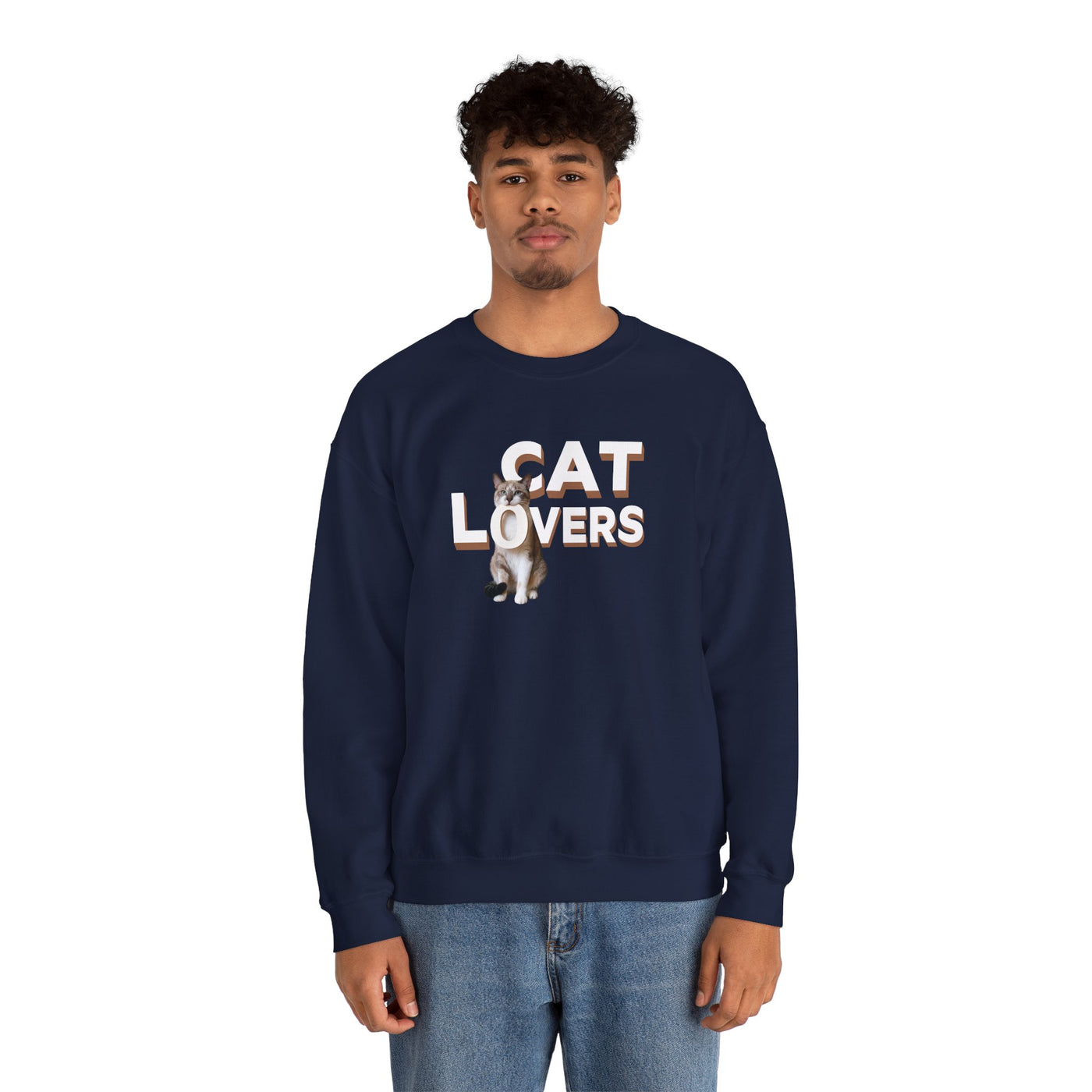 A man wearing a navy cat lovers cute kitten sweatshirt featuring cute cat graphics.