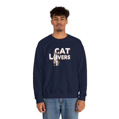 A man wearing a navy cat lovers cute kitten sweatshirt featuring cute cat graphics.