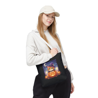 Halloween Cat anime style Tote Bag, Spooky Pet Lovers Gift, Boho Halloween Bag, Witchy Cat Tote, Fall Festivities Accessory