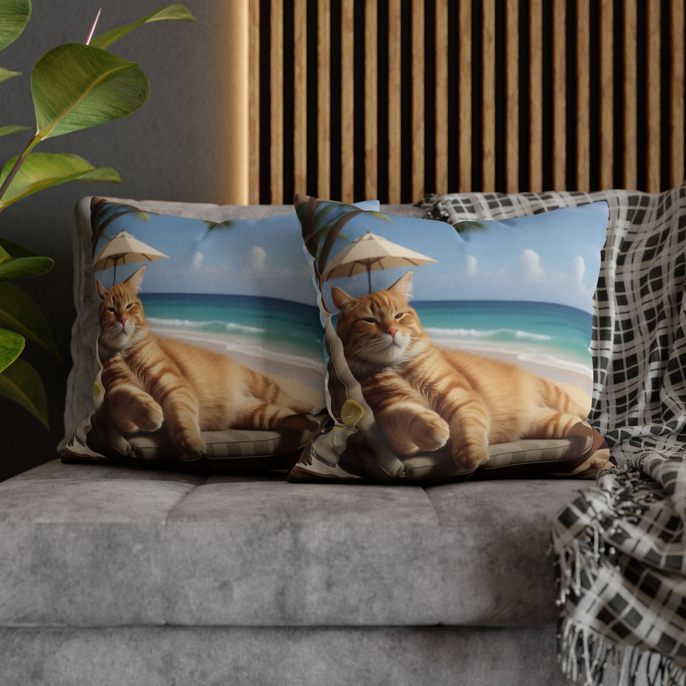Relaxing Cat Beach Pillowcase - Cozy Spun Polyester Decorative Pillowcase for Cat Lovers