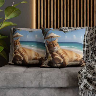 Relaxing Cat Beach Pillowcase - Cozy Spun Polyester Decorative Pillowcase for Cat Lovers