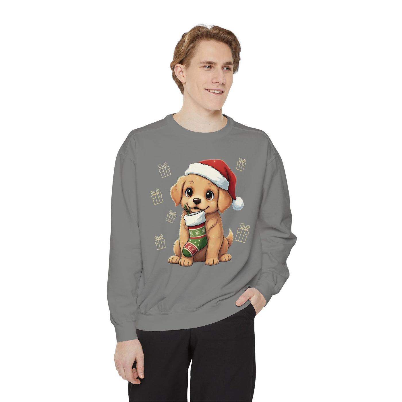 Cute Puppy waiting for Christmas presents style 4 Cozy Graphic Unisex Crewneck Sweatshirt