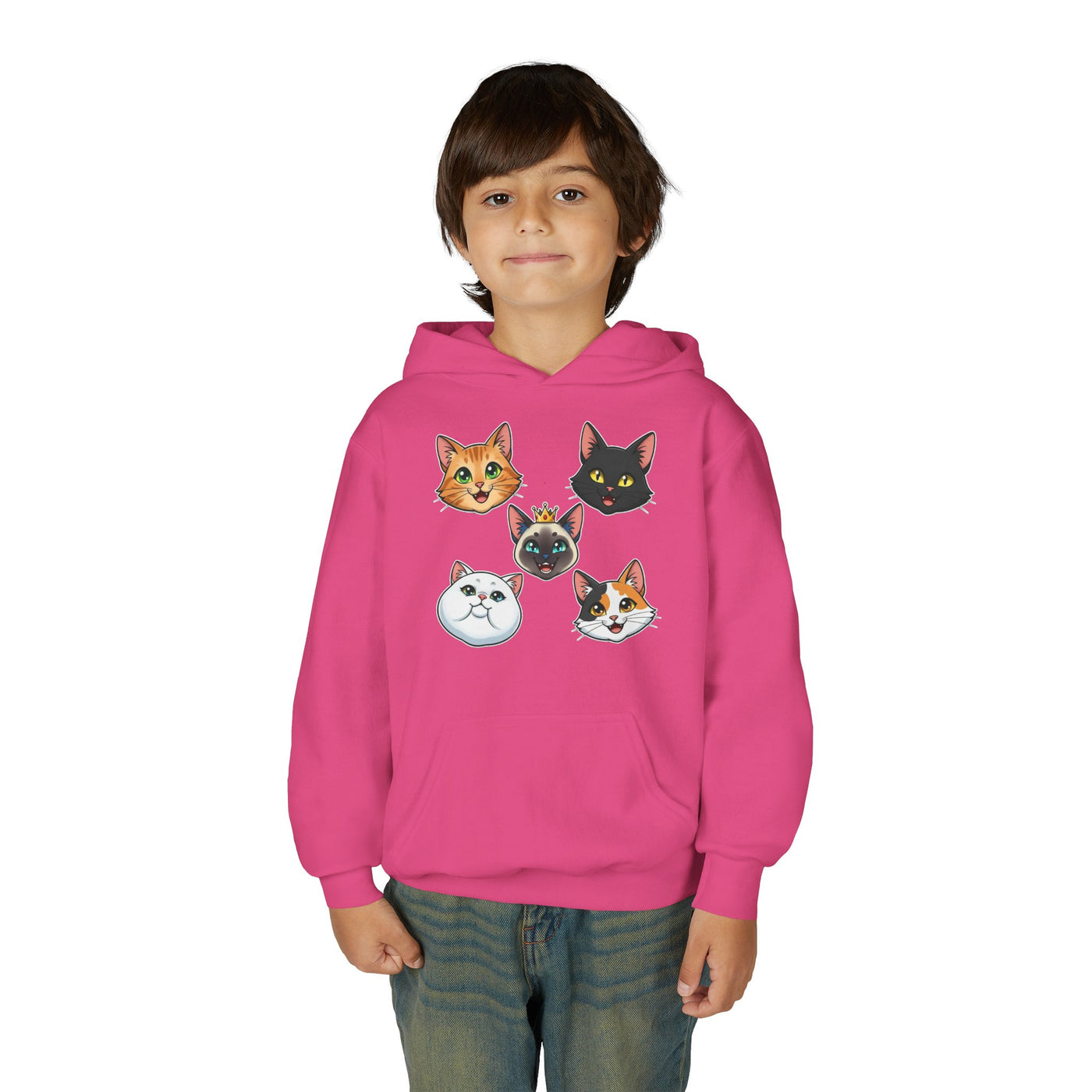 Cute Cat Heads Unisex Youth Hoodie, Fun Pet Lover Sweater, Kids Gift, Animal Lover Apparel, Perfect for Birthdays & Holidays