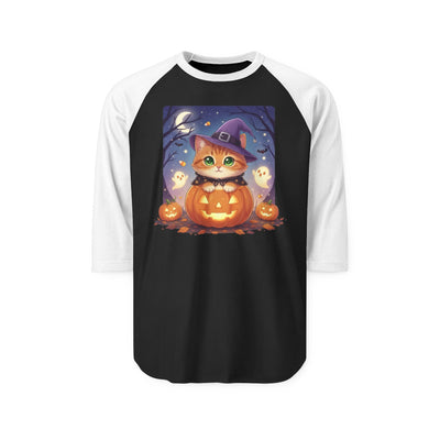 Halloween cute kitten anime style 7 Raglan Shirt, Unisex Halloween Top, Pumpkin Cat Shirt, Cute Cat Tee, Spooky Casual Wear