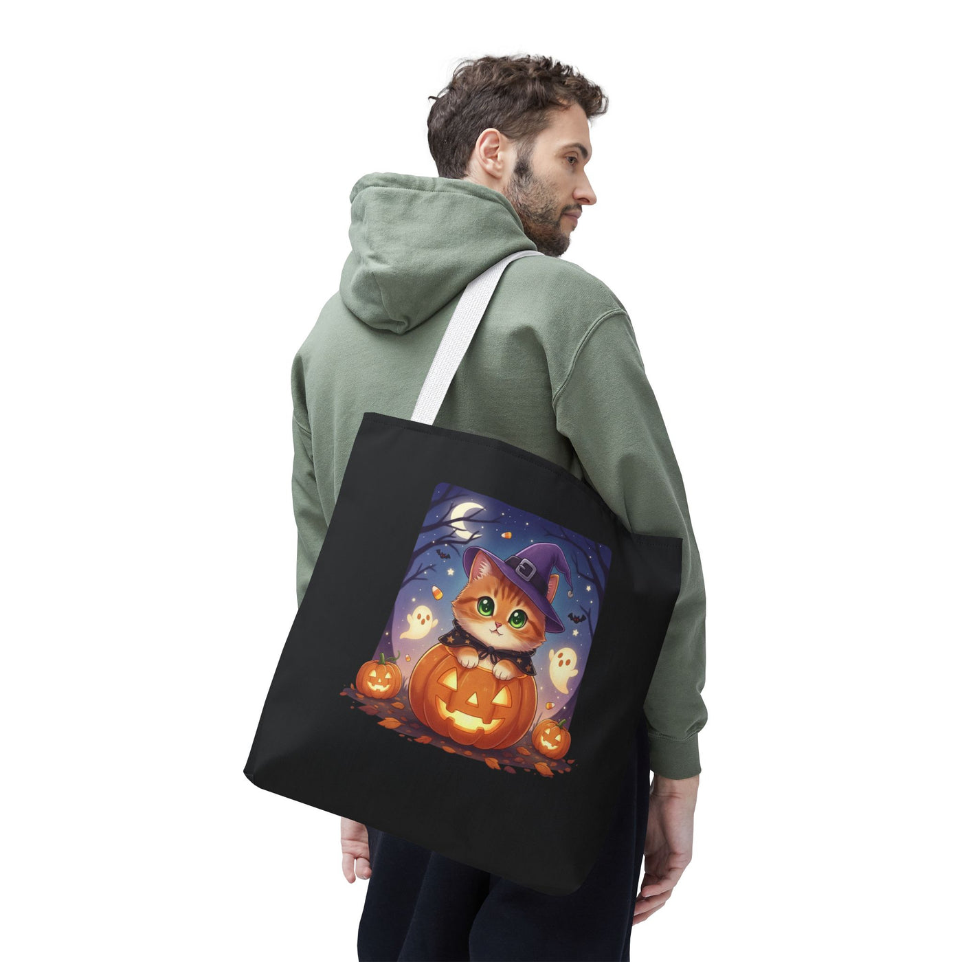 Halloween Cat anime style Tote Bag, Spooky Pet Lovers Gift, Boho Halloween Bag, Witchy Cat Tote, Fall Festivities Accessory