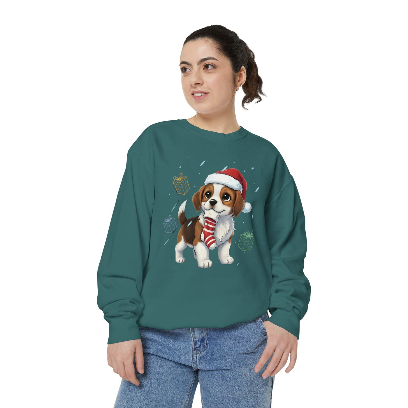 Cute Puppy waiting for Christmas presents style 6 Cozy Graphic Unisex Crewneck Sweatshirt