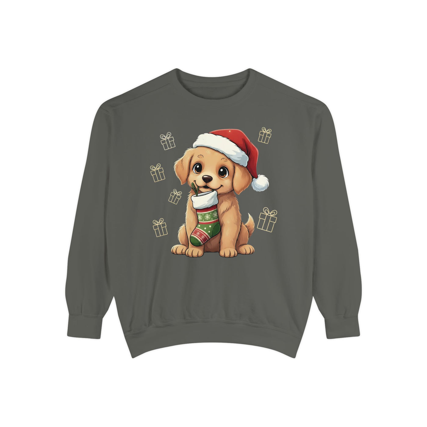 Cute Puppy waiting for Christmas presents style 4 Cozy Graphic Unisex Crewneck Sweatshirt