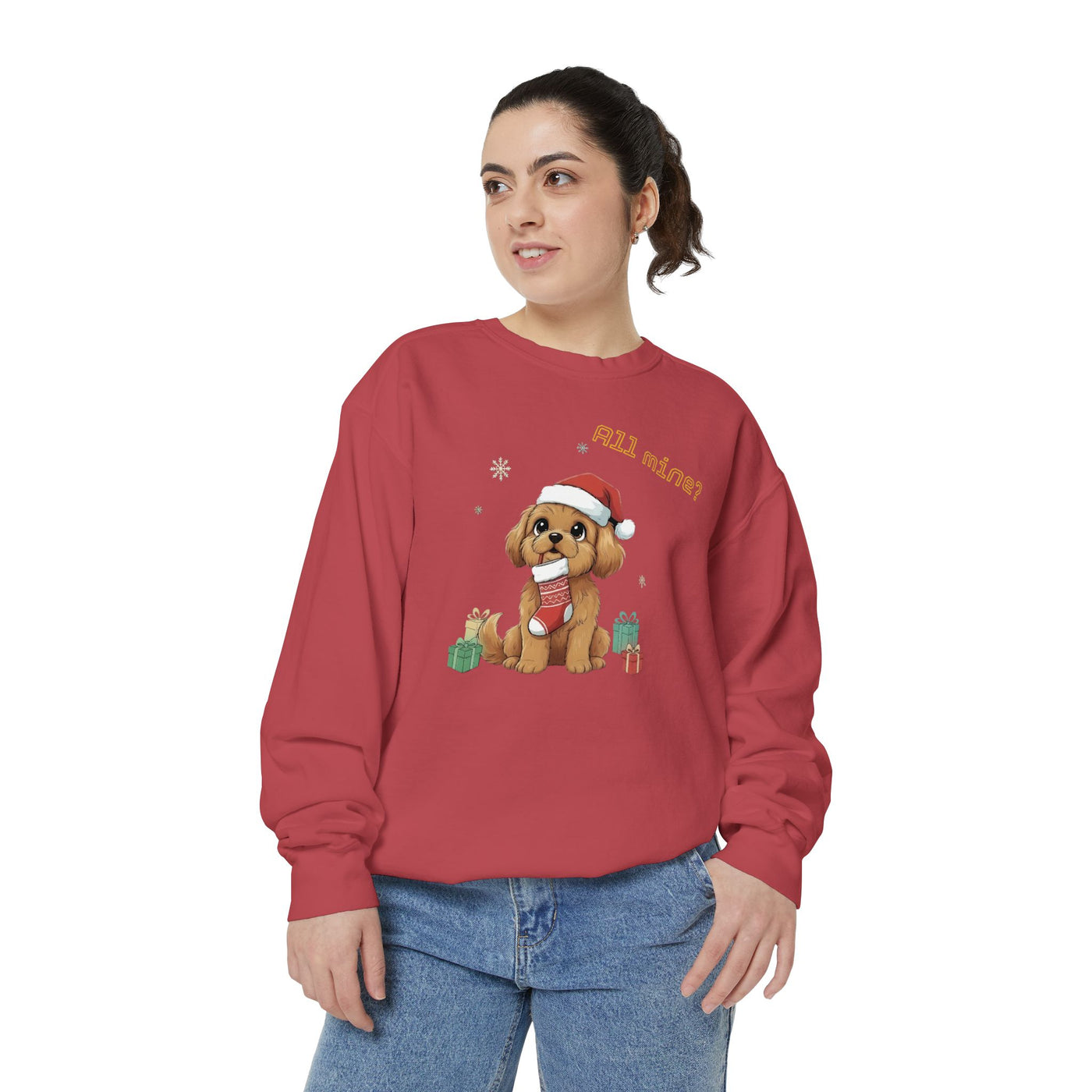 Cute Puppy waiting for Christmas presents style 8 Cozy Graphic Unisex Crewneck Sweatshirt
