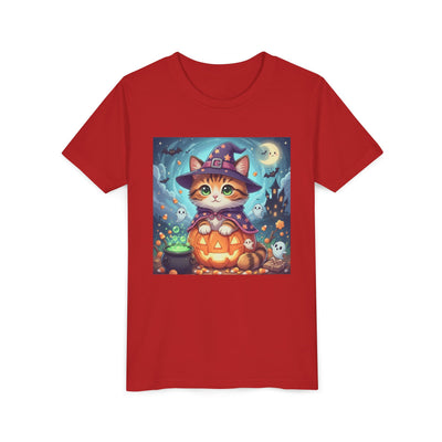Halloween cute kitten anime style 2 Unisex Youth Tee | T-Shirt, Cute Pumpkin Shirt, Kids Halloween Outfit, Cat Lover Gift, Fun Fall Apparel