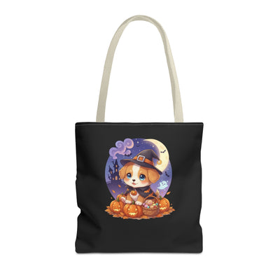 Adorable Halloween Puppy anime style Tote Bag, Pumpkin Lover Gift, Cute Dog Design, Witch Theme, Eco-Friendly Shopping Bag
