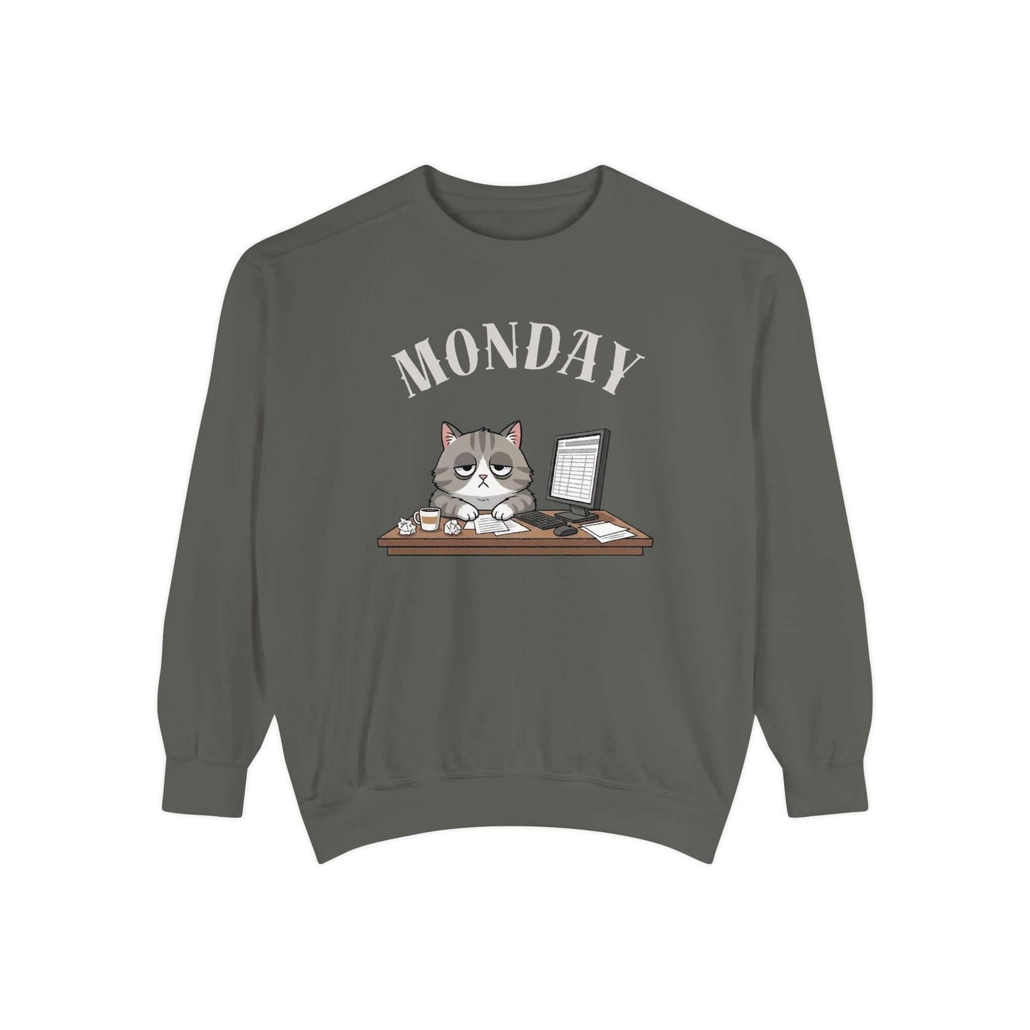 Monday Face Cat Stares Blankly Unisex Crewneck Sweatshirt with a grumpy cat design and MONDAY text